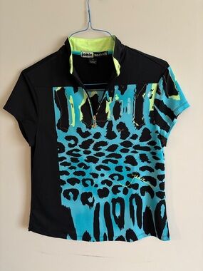 jamie sadock Black & Turquoise Short Sleeve Golf Polo with Neon Lime Accent